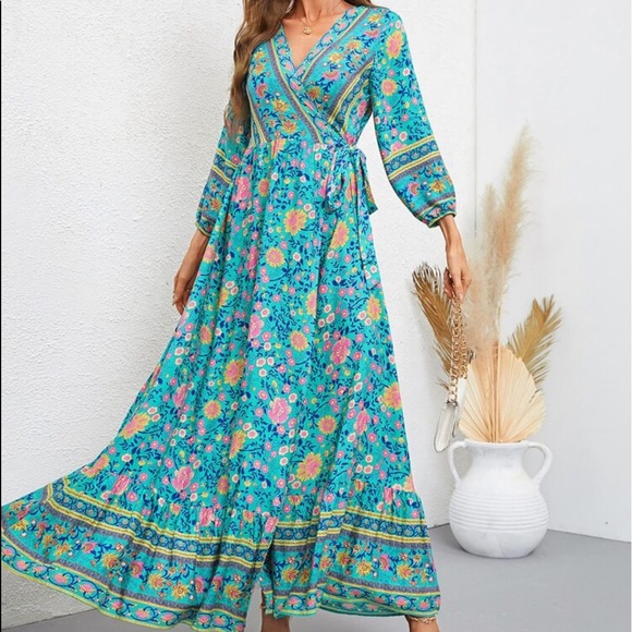 Boho Gypsy Floral Paisley Print Ruffle WRAP Maxi Dress - Picture 3 of 9